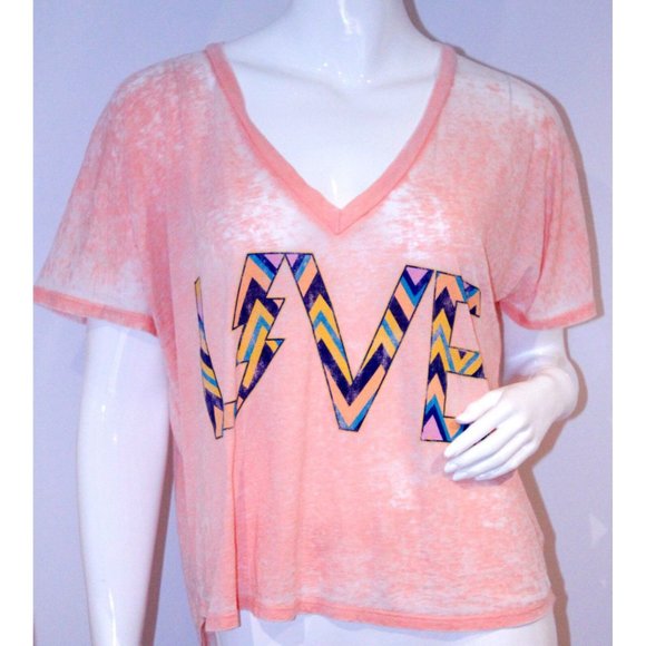 SIGNORELLI V-Neck TEE SHIRT Light Orange " LIVE " ZigZag Print TOP S - Picture 1 of 2